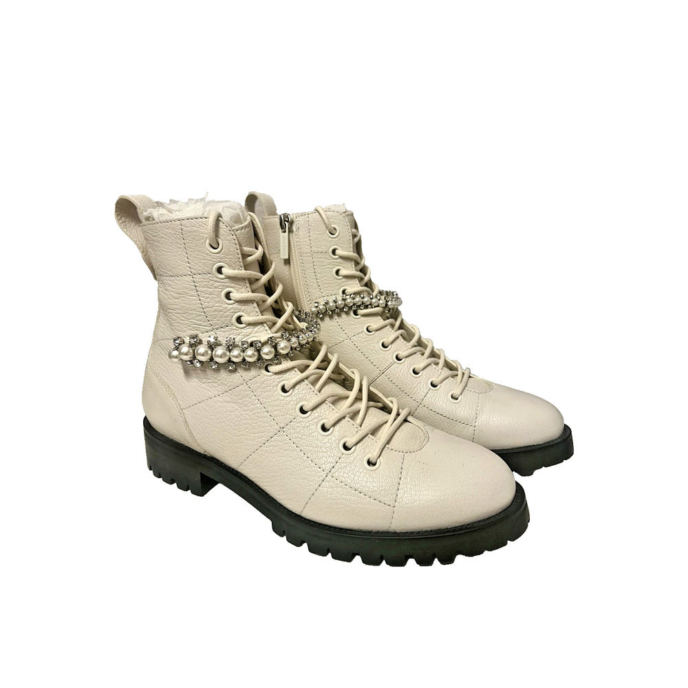 Jimmy Choo Women's Cruz Boots- Cream Leather, Pearl Accent - Size 37.5 US 7.5